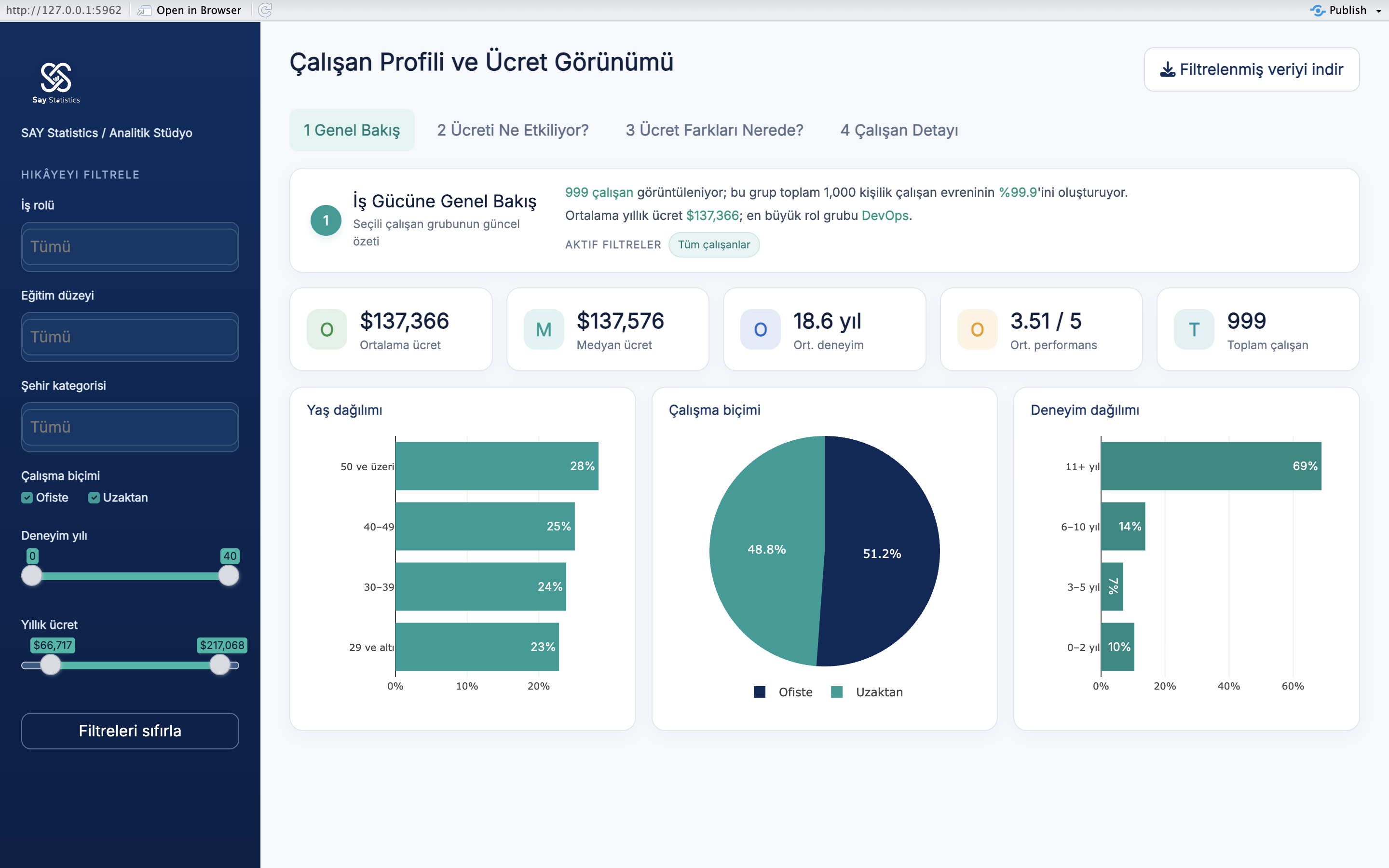 Çalışan Profili ve Ücret Görünümü dashboard genel bakış ekranı