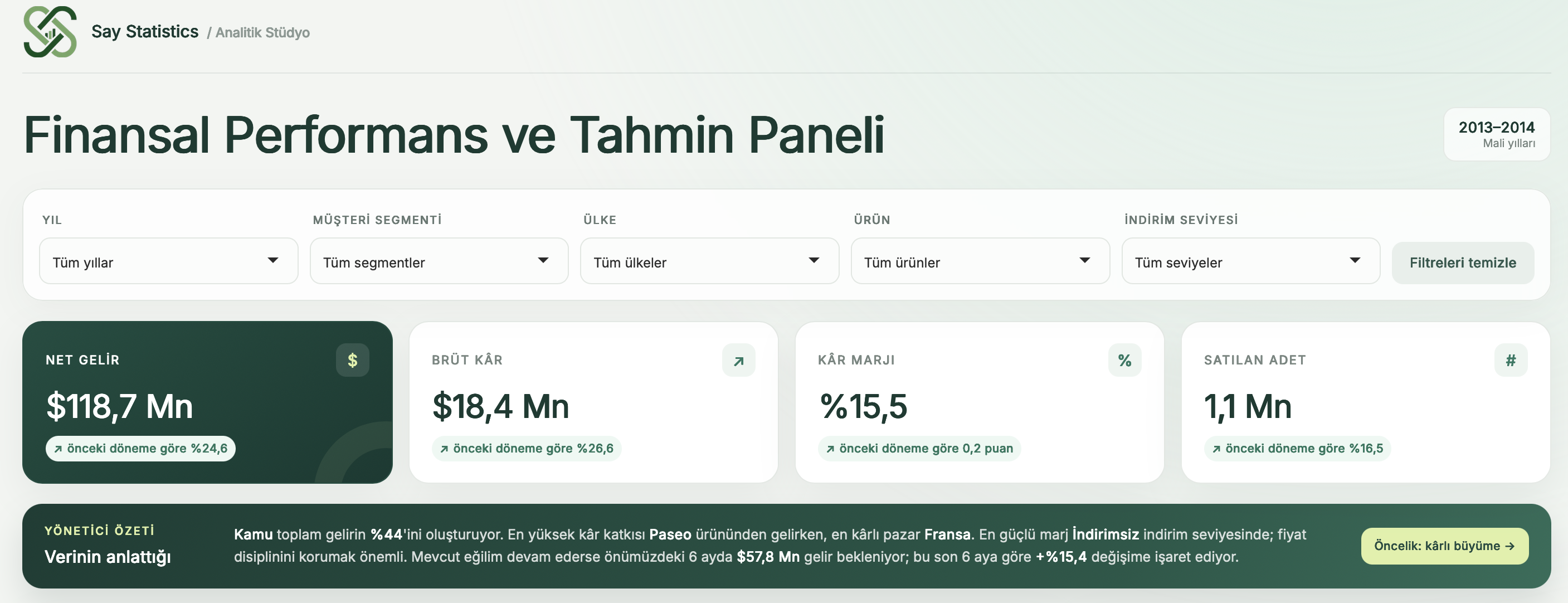Finansal Performans ve Tahmin Paneli genel görünümü